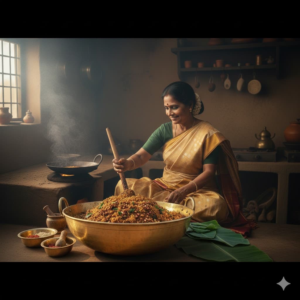 Kanchi Temple Prasadam Making (Puliyodharai)